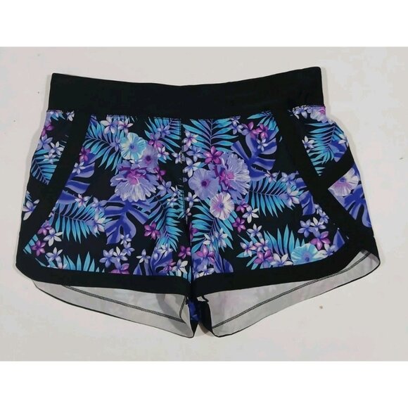 Lands End Black Island Tropical 5" Swim Shorts Size 12 Black Floral Liner Brief - Picture 1 of 8